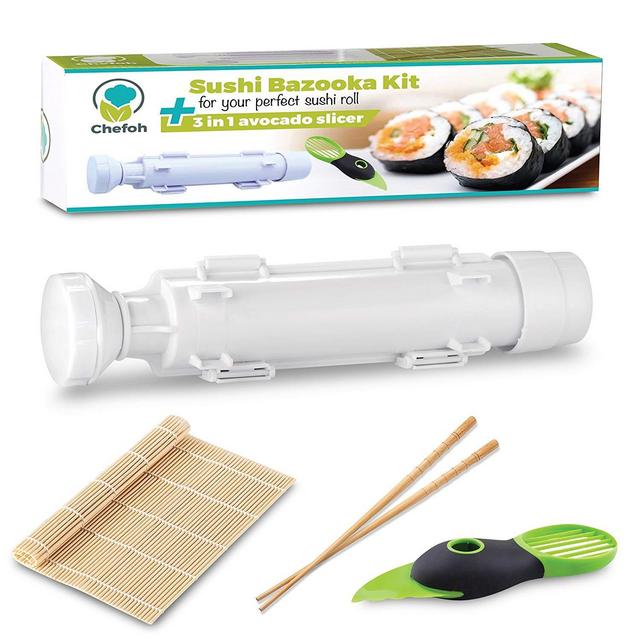 Chefoh - All-In-One Sushi Making Kit | Sushi Bazooka, Sushi Mat & Bamboo Chopsticks Set + 3in1 Avocado Slicer | DIY Rice Roller Machine | Very Easy To Use | Must-Have Kitchen Appliance