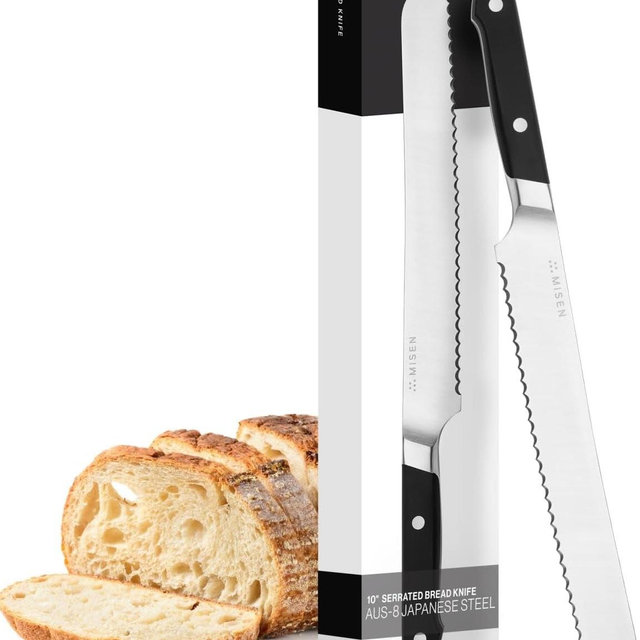 Misen Serrated Bread Knife – High-Carbon Japanese AUS8 Steel – Effortless Slicing of Bread, Pastries, and Fruits – Razor-Sharp Edge and Durable Blade with Ergonomic Handle - 10", Black