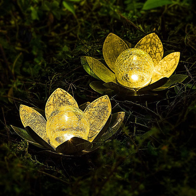 AIINY Garden Solar Light Outdoor(2Pack) ,Crackle Globe Glass Lotus Decoration , Waterproof Metal LED Flower Lights for Patio,Lawn,Walkway,Tabletop,Ground