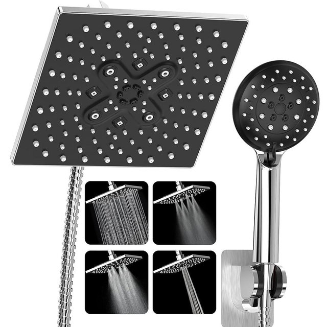 Veken High Pressure Rain Shower Head with Multi-Functions, Square Rainfall Shower Heads with 5-Mode Handheld Spray Combo, Detachable Hand Held Showerhead with Hose, Double Regaderas Para, Chrome