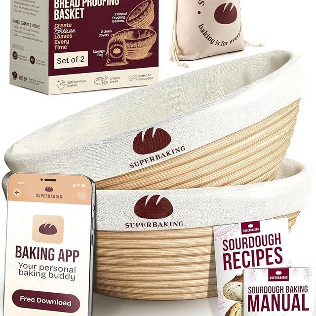 Superbaking Banneton Bread Proofing Basket Set of 2, 9" Splinter-Free Round Rattan Bread Basket with Liners, Sourdough Starter Kit, Sourdough Bread Baking Supplies & Sourdough Kit, Bread Making Tools