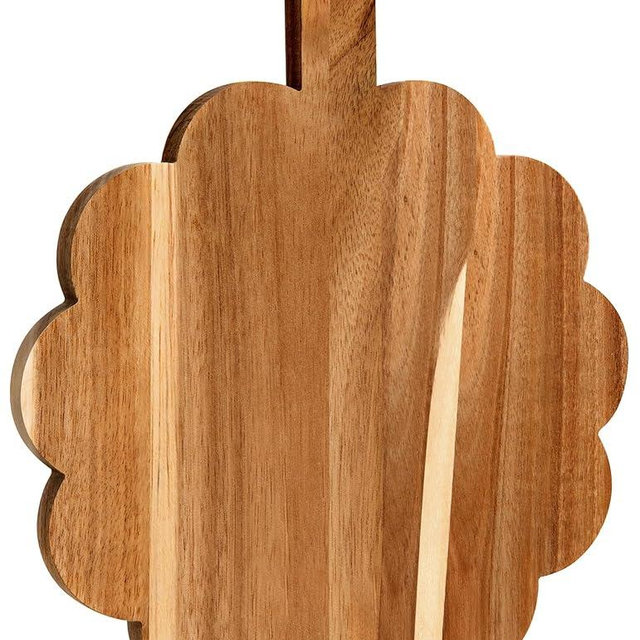 Round Scalloped Cutting Board with Handle, Acacia Wood Cutting Boards Kitchen Chopping Boards for Pizza, Bread, Cheese, Fruits, Vegetables, 12 x 10 x 0.63 Inch