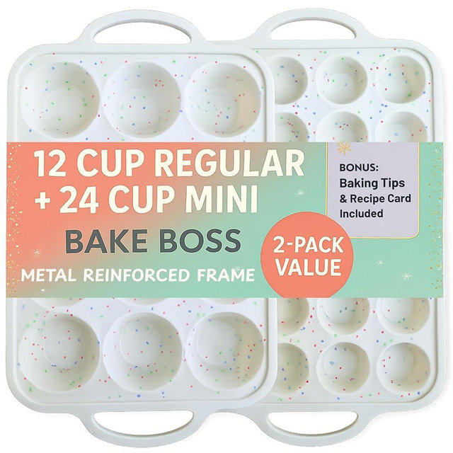 2-Pack Silicone Muffin Pan Set – Regular 12-Cup & Mini 24-Cup Nonstick Cupcake Pans – Metal-Reinforced Handles, BPA-Free, Non-Toxic, Dishwasher Safe, Cream Color Bakeware