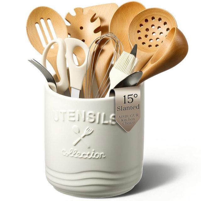 AISBUGUR Large Ceramic Utensil Holder: 7.5" H×6.3" W with Slanted Mouth - Utensil Crock with Non-Slip Cork Base for Kitchen Counter, Ideal for Decor & Gift, White
