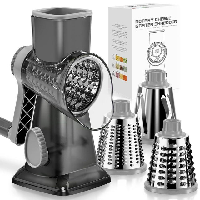 Badelite Cheese Grater Hand Crank Rotating Cheese Shredder Stainless Steel Vegetable Slicer Grater for Kitchen 3 Blades for Cheese, Carrot, Cucumber, Nuts, Chocolate, Dark Grey