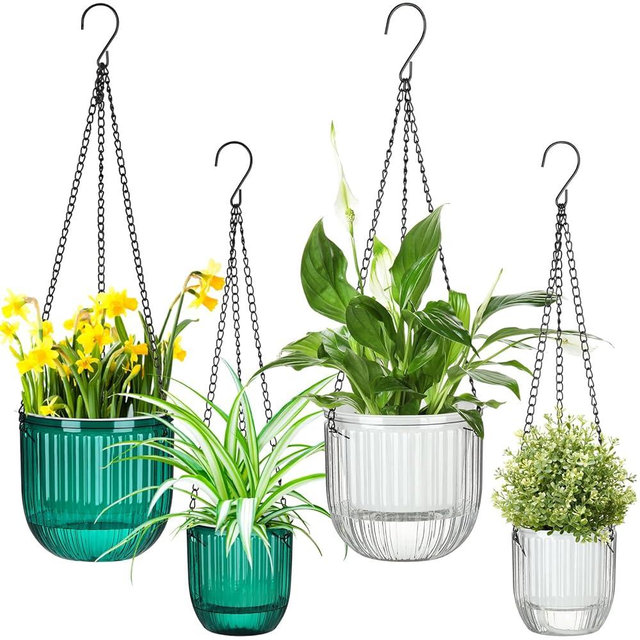 Maxcheck 4 Pcs Self Watering Hanging Planters Indoor Gift 6.5'' 4.5'' Hanging Flower Pots Baskets Outdoor Self Watering Plant with 3hooks Drainage Holes for Home(Emerald,Clear)