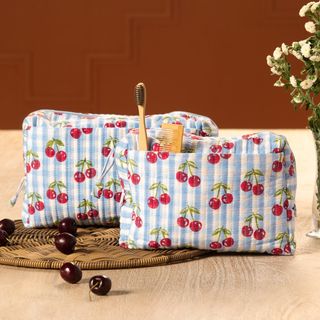 Cherry 2-Piece Gingham Blockprint Makeup Bag Set