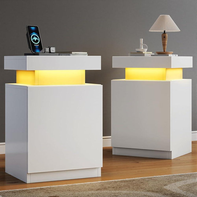 MXV Nightstand Set of 2 with LED Lights,Night Stand with Storage Cabinet for Bedroom,Bedside Table with LED (White, 17.7IN)