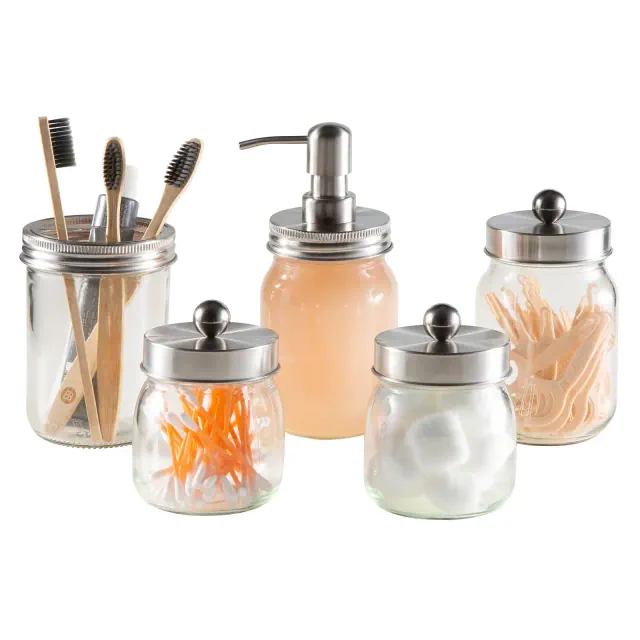 Home-Complete 5-Pc Bathroom Mason Jar Set, Silver