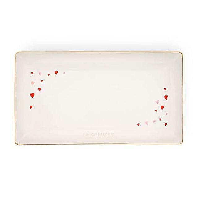 Le Creuset L'Amour Stoneware Rectangular Hostess Tray, 11.25" x 6.25", White with Heart Applique
