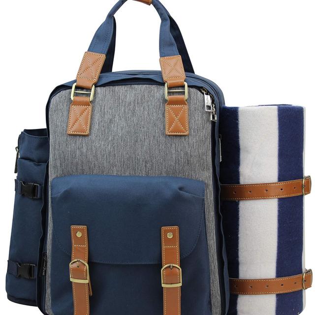 Picnic Backpack for 4 | Picnic Basket | Stylish All-in-One Portable Picnic Bag for 4 with Complete Wooden Cutlery Set, Stainless Steel S/P Shakers | Waterproof Fleece Picnic Blanket | Cooler Bag