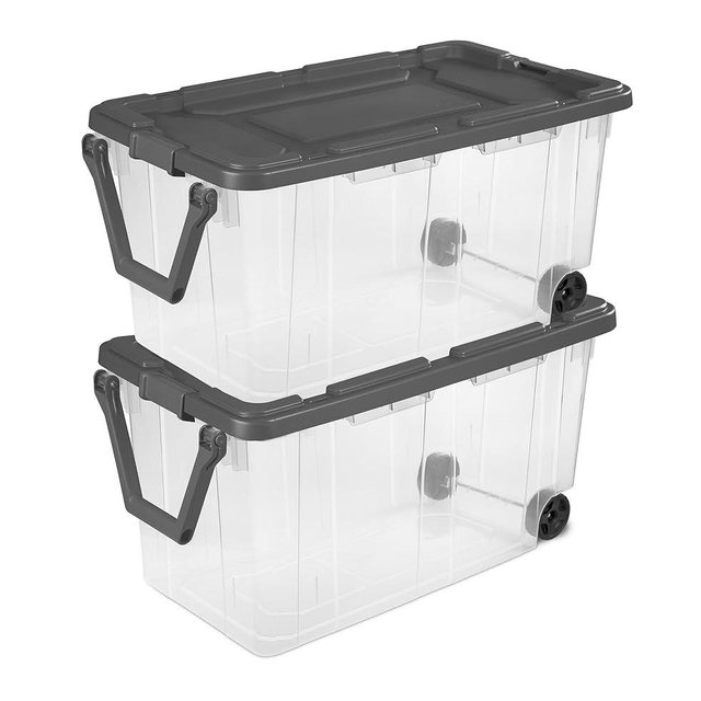 160 Quart Wheeled Stacker, Extra Large Durable Clear Bin, Latch Lid and Pull Handle, Gray, 2 Count