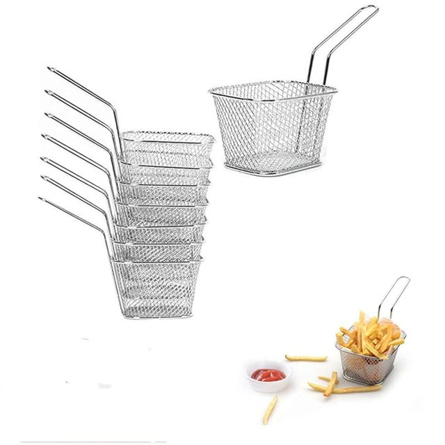 WINHONW 8pcs Mini Square Fry Bakests French Fries Basket 4.1x3.3x2.6Inches Table Serving Frying Chips Baskets, French Fry Holder for Kitchen Restaurant Party Barbecue(Silver)