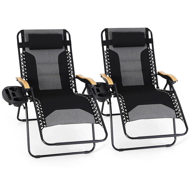MAISON ARTS Oversized XXL Padded Zero Gravity Chair Set of 2, 30" Wide Seat Foldable Patio Recliner, Anti Gravity Outdoor Lawn Chair with Cup Holder & Pillow, Supports 400lbs, Black & Grey