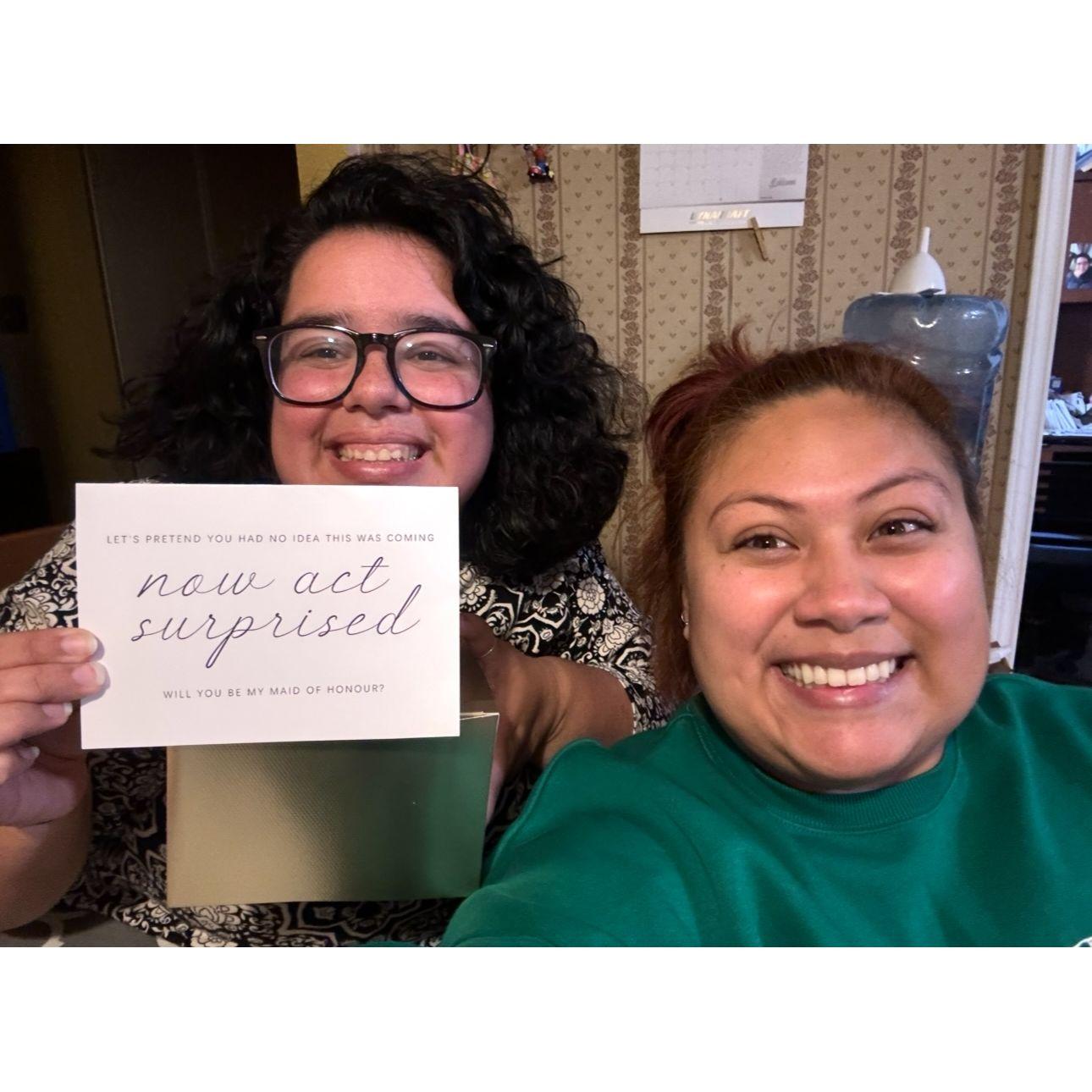 Angela said yes to being Eriene's Maid of Honor!