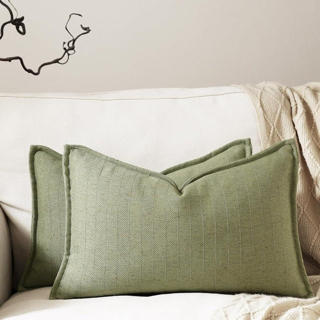 DEZENE 12x20 Linen Pillow Covers Sage Green Pack of 2 Farmhouse Boho Neutral Accents Striped Textured Rectangular Lumbar Decorative Throw Pillow Cases for Living Room Couch Bed Home Decor