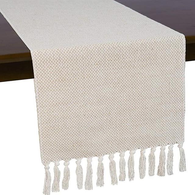 Wracra Braided Cotton Linen Table Runner Farmhouse Burlap Table Runner, Jute Rustic Table Decor Holiday Parties and Everyday Use (Waffle, 13 × 90 Inch)