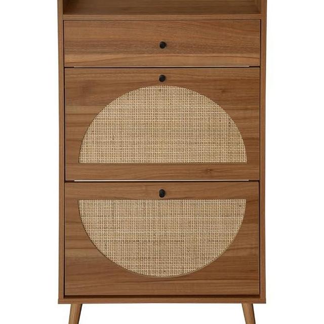 ZeHuoGe Natural Rattan Shoe Cabinet with 2 Flip Drawers, Entrance Hallway Walnut Free Standing Shoe Racks for Heels, Slippers (Walnut)