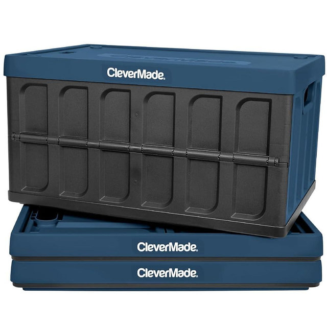 CleverMade Collapsible Storage Bin (With Lid), Ocean, 3PK - 62L (16 Gal) Folding Plastic Stackable Utility Crates, Holds 100lbs Per Bin - Solid Wall CleverCrate for Organizing, Storage, Moving