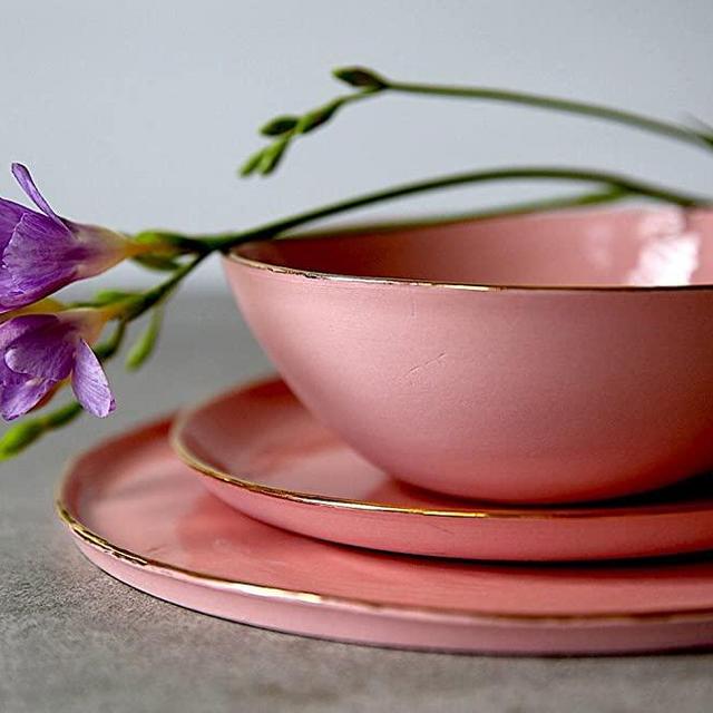 Pink porcelain and 14K gold rim modern dinnerware set of 3 - soup bowl, dinner plate, dessert plate by SinD studio