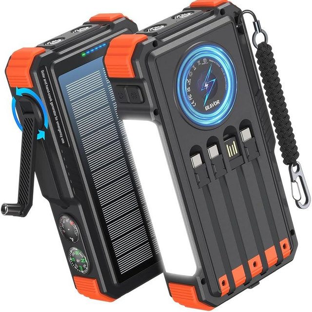 BLAVOR Solar Power Bank with Hand Crank and 4 Cables, 20000mAh Wireless Portable Charger with USB C & Camping Light, 20W Fast Charging Battery Pack for iPhone, iPad, Samsung, All Mobile Phones