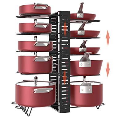 X-cosrack Pot Racks,10 Tier Adjustable Heights with Non-slip feet,6 DIY Methods,Expandable Kitchen Cabinet Pantry Pans and Pots Lid Organizer Rack Holder, Black