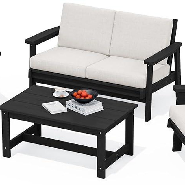 SERWALL HDPE Outdoor Furniture Set, 4 Piece Outdoor Sofa Set, Black Frame with Khaki Cushions