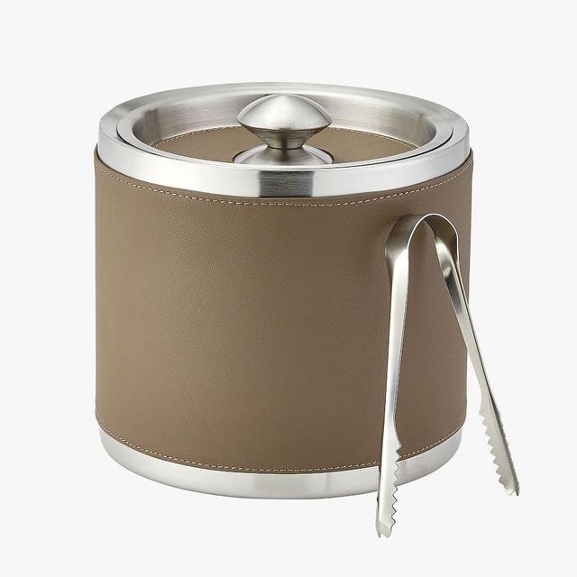 French Handcrafted Leather Ice Bucket with Tongs - Latte
