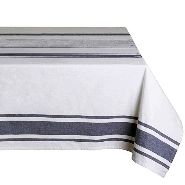 KALEWA Tablecloth 100% Cotton with French Stripe. Washable Kitchen Tablecloth and Outdoor (Patriot Blue Stripes, 65x92 Inches)