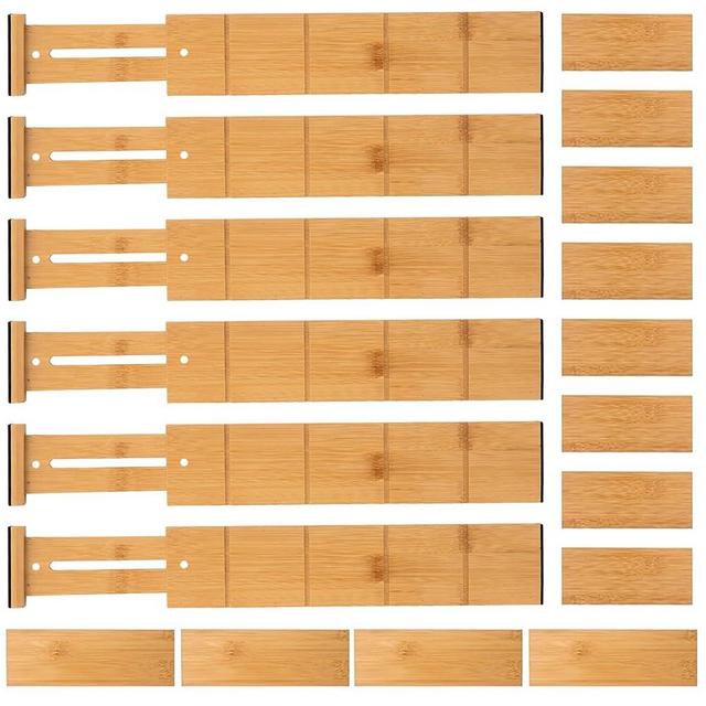 6 Pack Bamboo Drawer Dividers with 12 inserts | 16.3-22 Inches Expandable and Adjustable Drawer Dividers with Non-Skid Grip