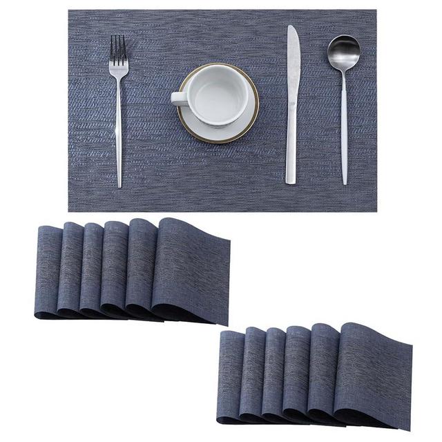 Leetaltree Denim Blue Placemats Set of 12 - Heat Resistant Non-Slip Place mats for Dining Table, Washable Durable PVC Vinyl Woven Table Mats（Denim Blue, 12）
