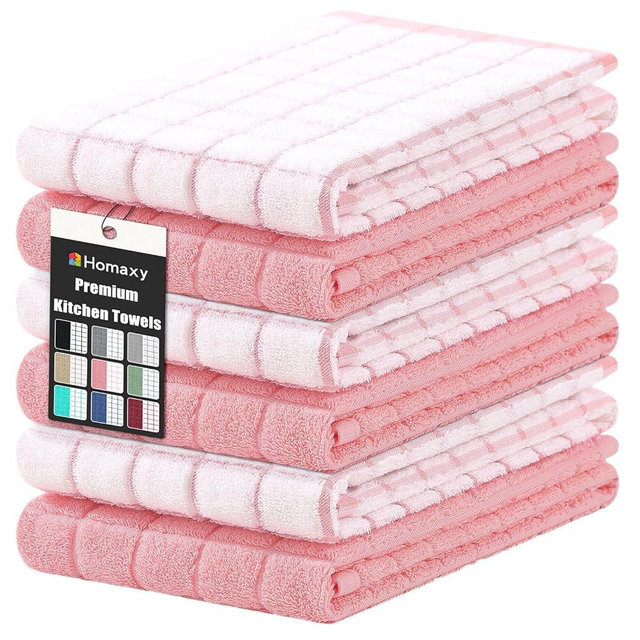 Homaxy Premium Cotton Kitchen Towels 16"x 28", Large Natural Ring Spun 390 GSM Dish Towels, Super Absorbent Terry Kitchen Hand Towels, Soft Tea Towel with Hanging Loop, Pink Check Design, 6 Pack