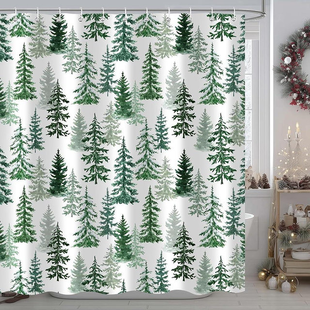 Winter Forest Shower Curtain Green Christmas Tree, Teal Green Pine Tree Bath Curtain Snow Forest Snowy Countryside Landscape Bathroom Decor, Winter Nature Scene Xmas Holiday Shower Curtain 72X72IN