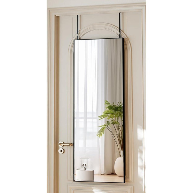 VooBang 14" x 48" Adjustable Height Over The Door Mirror - Rectangular Full Length Hanging Door Mirror with Shatterproof Tempered Glass Black Metal Frame for Dormitory