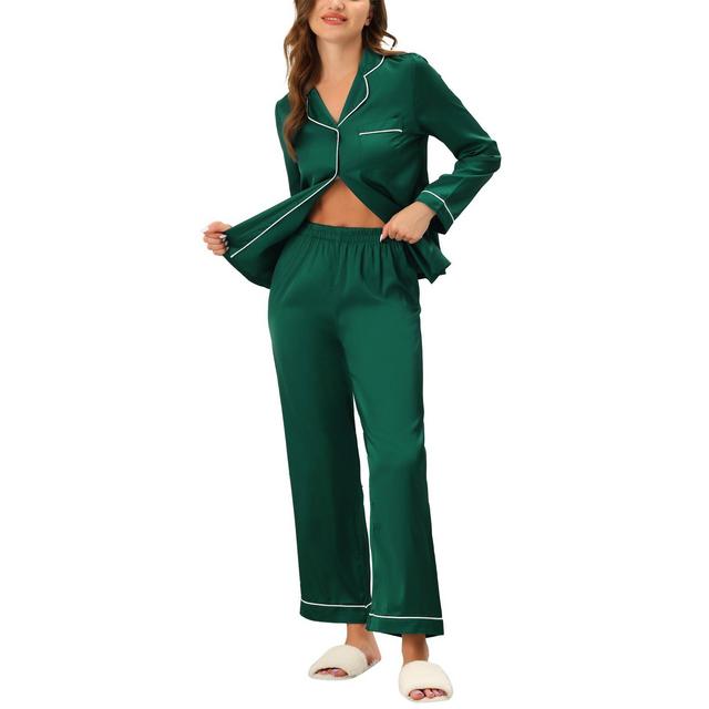 cheibear Women's Satin Button Down Lounge Sleepwear Tops and Pants Pajama Set Green Large