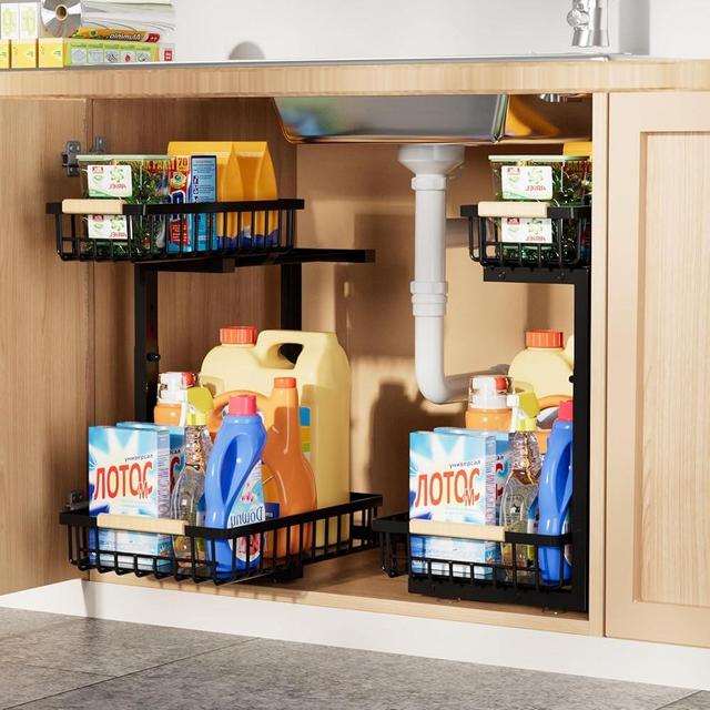 SILUB Under Sink Organizer,2 Pack Kitchen Organizers and Storage Adjustable Height 2 Tier Sliding L-Shape Cabinet Organizers Meatal,Under Bathroom Sink Organizer with Anti Slip Wooden Handle