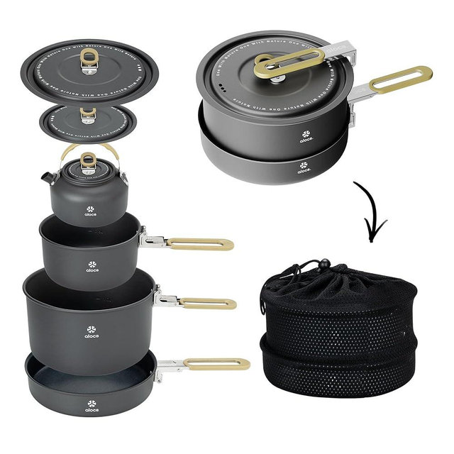Alocs Camping Cooking Set Camping Gear, Portable Camping Cookware with Upgraded Handle, Camping Pots and Pans Set Outdoor Kitchen Must Have, Non-Stick Camping Pan for Picnic, Hiking and Fishing