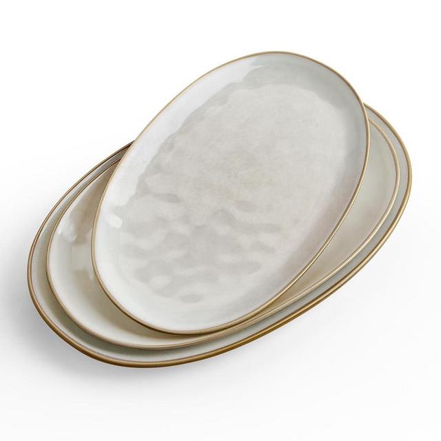 Famiware Serving Platter, Oval 15.59/14.3/12.9 inch Serving Dishes for Entertaining, Serving Bowls, Microwave Safe, Stonware Serving Trays for Party, Turkey, Cheese, Ocean Series, Cappuccino White