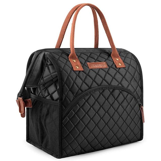 LOKASS Lunch Bag Insulated Lunch Box Wide-Open Lunch Tote Bag Large Drinks Holder Durable Nylon Thermal Snacks Organizer for Women Men Adults College Work Picnic Hiking Beach Fishing,Black-Square