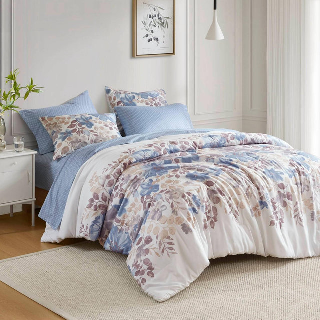 Madison Park Queen Willow Floral Comforter Set with Bed Sheet Blue