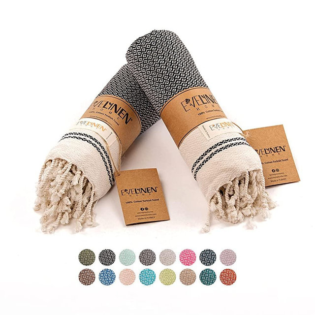 Evelynen Turkish Hand Towel Set of 2 | 100% Cotton Hand Towels for Bathroom, 16” x 40” | Decorative Kitchen Hand Towels, Prewashed Turkish Towel for Face, Hair, Gym, Tea, Dish (Black)