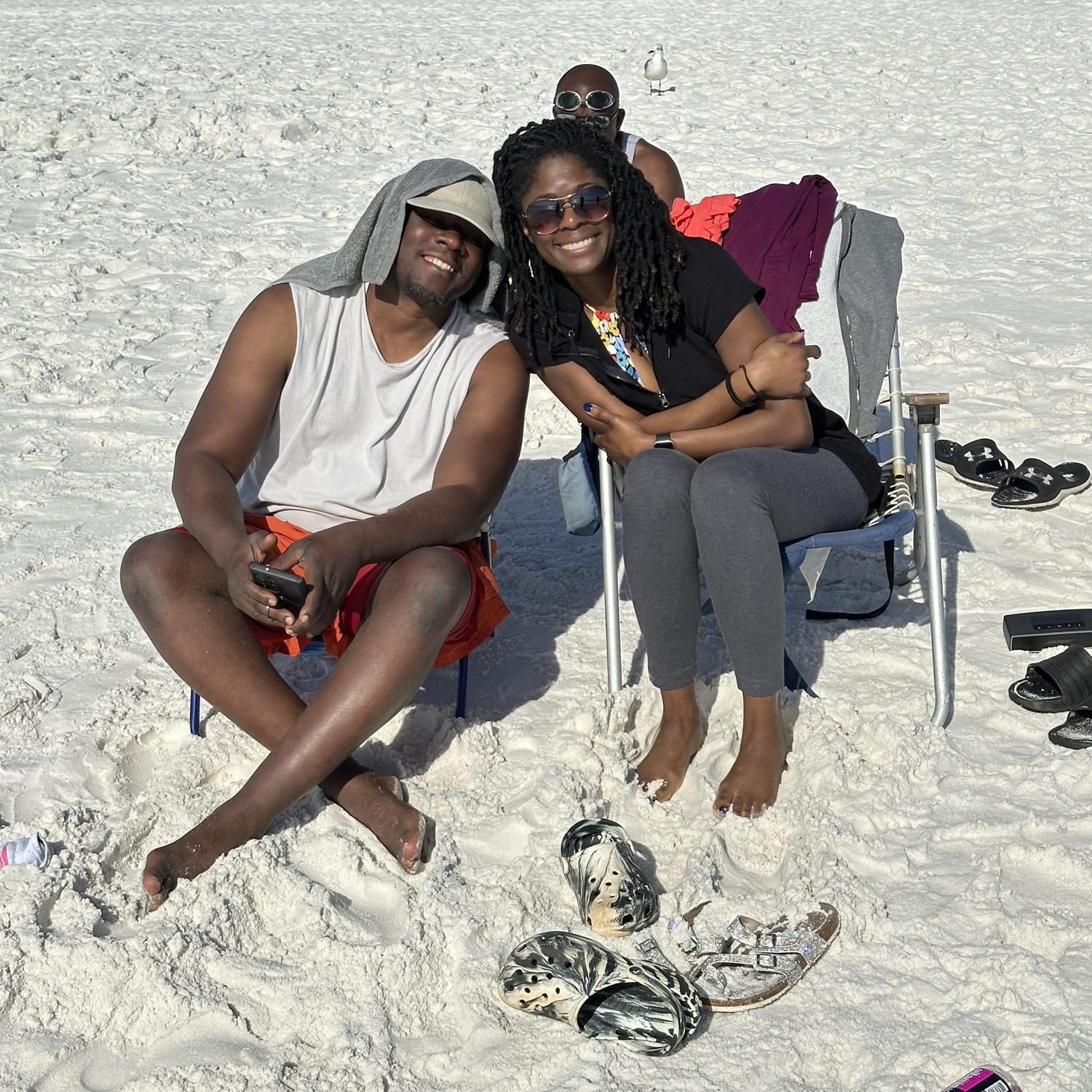 Destin, Fl on the beach, holiday vacation with family & friends. 
Who knew the next day we both take turns taking care of each being sick.