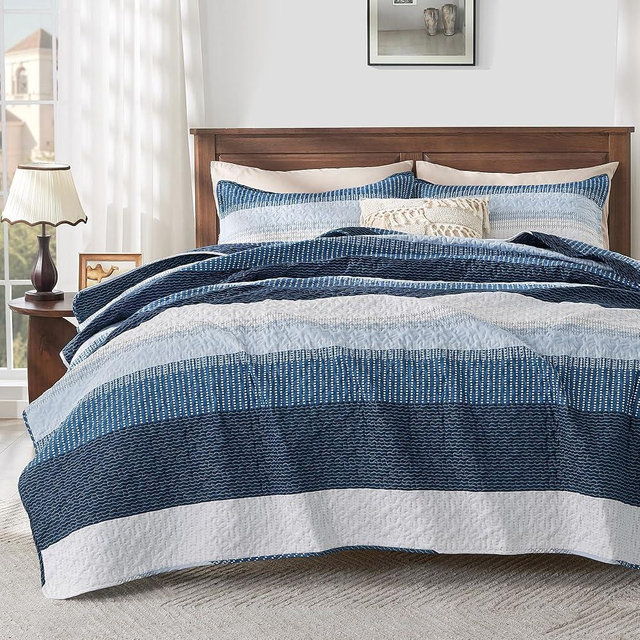 Andency Navy Blue Striped Quilt King(106x96Inch), 3 Pieces (1 Quilt and 2 Pillowcases) Patchwork Bedspread Coverlet Set, Soft Quilted Bedding Set