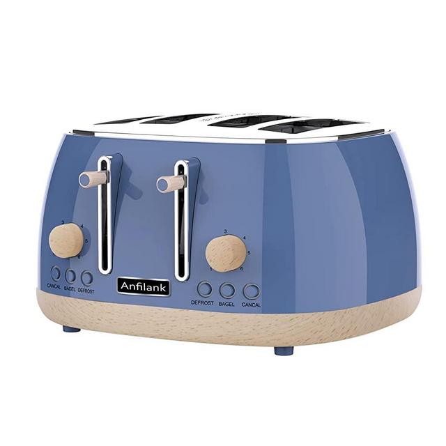 Anfilank Toaster 4 Slice,Retro Stainless Steel Toaster with Extra Wide Slots Cancel, Bagel, Defrost Function, Dual Independent Control Panel, Removable Crumb Tray, 6 Shade Settings and High Lift Lever, Blue, New Version
