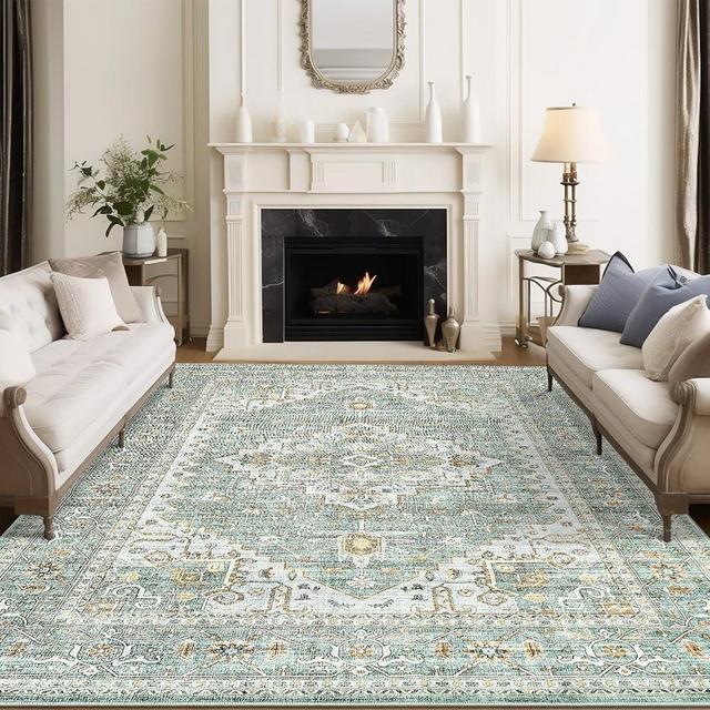befbee 8x10 Area Rugs for Living Room, Stain Resistant Neutral Washable Rugs for Dining Room, Floral Vintage Non-Slip Thin Large Size Area Rug （Green）