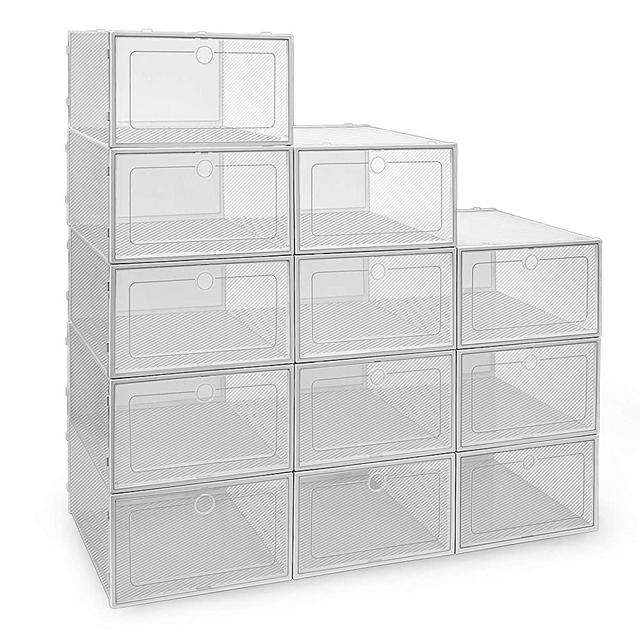 IPOW 12 Pack Thickened Clear Plastic Stackable Shoe Boxes, Foldable Shoe Organizer Sneaker Shoe Containers Shoe Storage Bins Drop Front Shoe Storage Boxes for Men, Women & Kids
