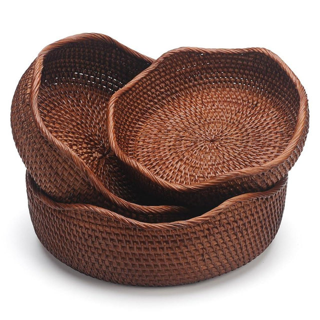 YANGQIHOME Rattan Round Fruit Baskets, Wicker Storage Bowls, Natural Woven Serving Basket Bowls, Decorative Baskets for Kitchen Counter Organizing, Brown, Set of 3