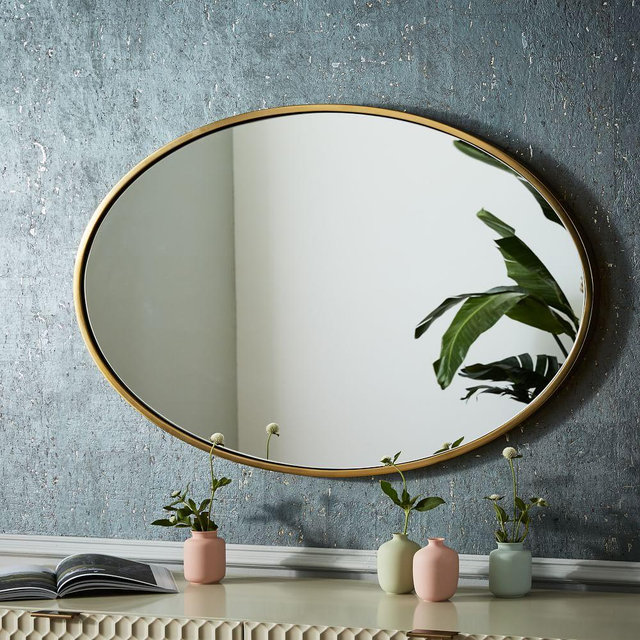 Metal Framed Mirror, Antique Brass, Oval