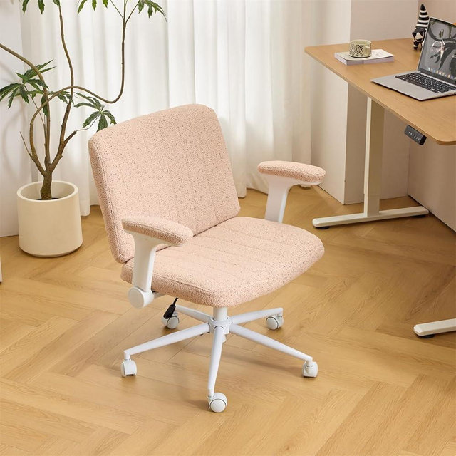 VINGLI Criss Cross Chair with Adjustable Flip-Up Arms,Cross Legged Chair with Wheels,Extra Wide Office Chair,Desk Chair for Home Office,Vanity,Bedroom, Apartment,Starry Chenille,Pink