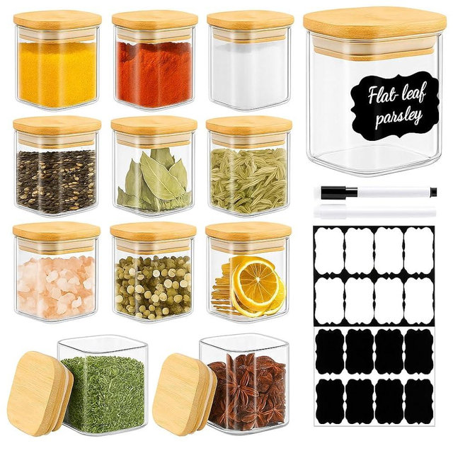 TBWIND 12 Pack 4 oz Square Glass Spice Jars with Lids and Labels – Airtight Small Seasoning Containers Set, Clear Glass Storage Jars for Seasoning, Spices, Kitchen Pantry Organization